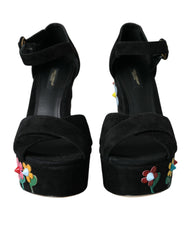 Dolce & Gabbana Black Floral Ankle Strap Heels Sandals Shoes