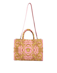Versace Pink Printed Large Fabric Leather Shopping Tote Bag