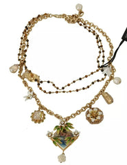 Dolce & Gabbana Gold Brass Crystal Floral Statement Charms Necklace
