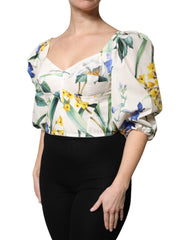 Dolce & Gabbana White Floral Puff Sleeves Crop Blouse Top
