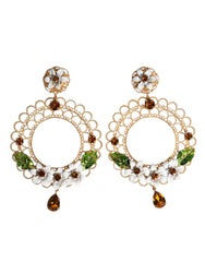Dolce & Gabbana Gold Floral Filigree Hoop Enamel Amber Crystals Earrings