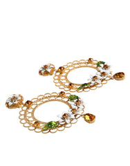 Dolce & Gabbana Gold Floral Filigree Hoop Enamel Amber Crystals Earrings
