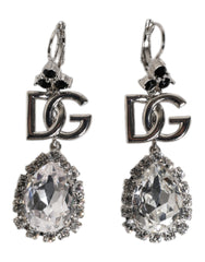 Dolce & Gabbana Silver Brass Crystal Teardrop DG Logo Clip On Earrings