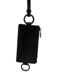 Dolce & Gabbana Black Calf Leather Lanyard Logo Card Holder Wallet