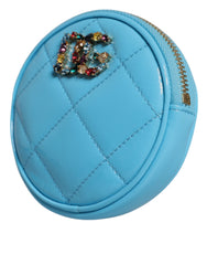 Dolce & Gabbana Light Blue Lamb Leather DG Crystal Round Coin Purse Wallet