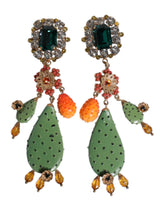 Dolce & Gabbana Green Cactus Crystal Clip On Dangling Jewelry Earrings
