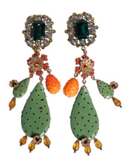 Dolce & Gabbana Green Cactus Crystal Clip On Dangling Jewelry Earrings