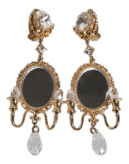 Dolce & Gabbana Gold Brass Clear Crystal Mirror Element Clip Dangling Earrings