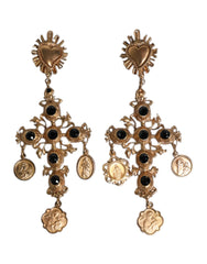 Dolce & Gabbana Gold Black Crystal Cross Sacred Heart Dangling Earrings