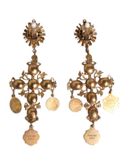 Dolce & Gabbana Gold Black Crystal Cross Sacred Heart Dangling Earrings