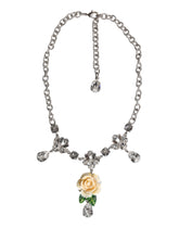 Dolce & Gabbana Silver Tone Brass Clear Crystal Roses Pendants Necklace