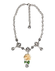 Dolce & Gabbana Silver Tone Brass Clear Crystal Roses Pendants Necklace