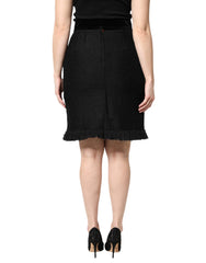 Dolce & Gabbana Black Wool Fringe High Waist Pencil Mini Skirt