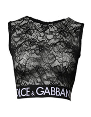 Dolce & Gabbana Black Nylon Floral Lace Sleeveless Crop Top