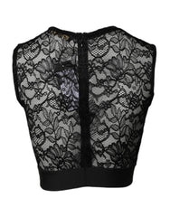 Dolce & Gabbana Black Nylon Floral Lace Sleeveless Crop Top