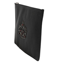 Dolce & Gabbana Black Calfskin Crown Embellished Clutch Pouch Bag