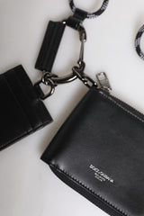 Dolce & Gabbana Black Leather Lanyard Zip Around Card Holder Wallet