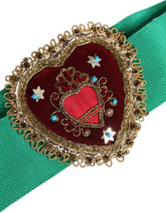 Dolce & Gabbana Green Stretch Wide Waist Heart Embellished Belt