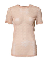 Dolce & Gabbana Beige Nylon Sheer Logo Monogram Crew Neck Top