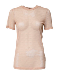 Dolce & Gabbana Beige Nylon Sheer Logo Monogram Crew Neck Top
