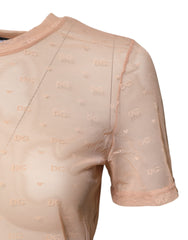Dolce & Gabbana Beige Nylon Sheer Logo Monogram Crew Neck Top