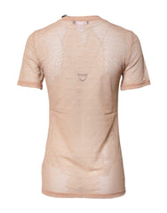 Dolce & Gabbana Beige Nylon Sheer Logo Monogram Crew Neck Top