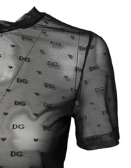 Dolce & Gabbana Black Nylon Sheer Logo Monogram Crew Neck Top