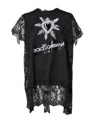 Dolce & Gabbana Black Lace Sheer Sacred Heart Crew Neck Top