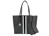 Michael Kors Eva Large Stripe Travel Tote Bag Plus Pouch Black