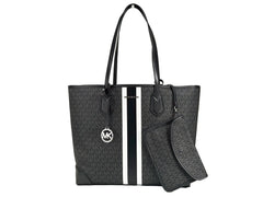 Michael Kors Eva Large Stripe Travel Tote Bag Plus Pouch Black