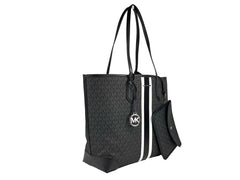 Michael Kors Eva Large Stripe Travel Tote Bag Plus Pouch Black