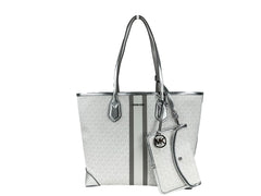 Michael Kors Eva Large Stripe Travel Tote Bag Plus Pouch White