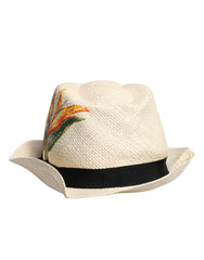 Dolce & Gabbana Beige Floral Print Straw Wide Brim Fedora Hat