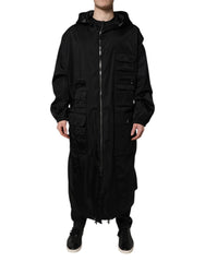 Dolce & Gabbana Black Hooded Long Men Windbreaker Jacket
