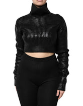 Dolce & Gabbana Black Wool Long Sleeve Turtleneck Cropped Top