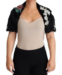 Dolce & Gabbana Elegant Black Rabbit Fur Crystal Jacket