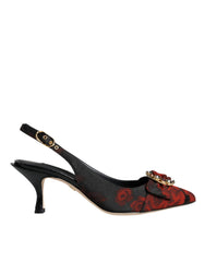 Dolce & Gabbana Black Red Floral Crystal Heel Slingback Shoes
