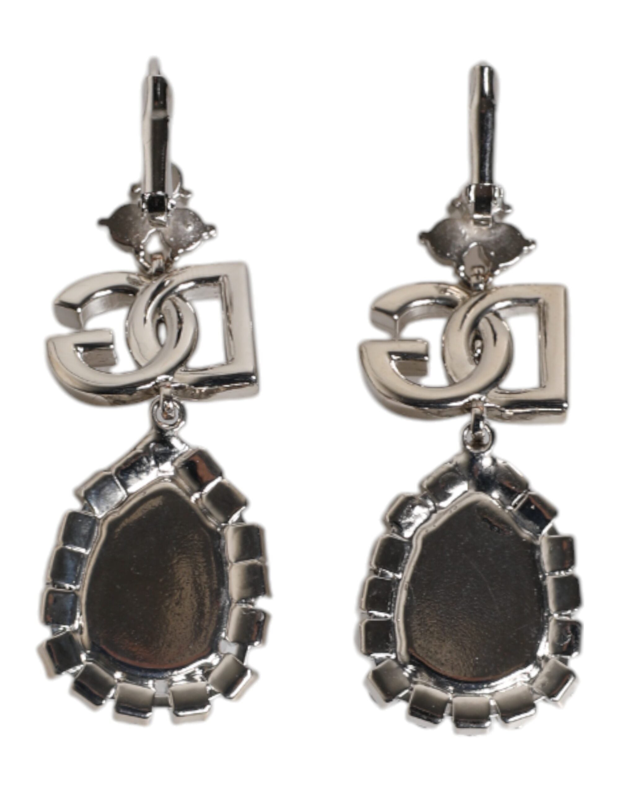 Dolce & Gabbana Silver Brass Crystal Teardrop DG Logo Clip On Earrings