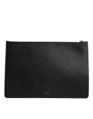 Dolce & Gabbana Black Leather Golden Pig Print Logo Plaque Men Pouch Bag