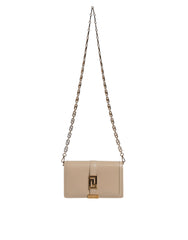 Versace Beige Gold Chain Calf Leather Wallet Crossbody Bag