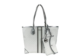 Michael Kors Eva Large Stripe Travel Tote Bag Plus Pouch White