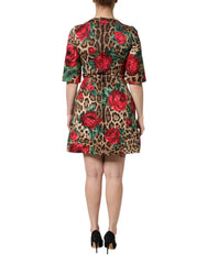 Dolce & Gabbana Brown Rose Leopard Short Sleeves Mini Dress