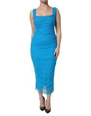 Dolce & Gabbana Blue Mesh Trim Ruched Tulle Sheath Dress