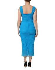 Dolce & Gabbana Blue Mesh Trim Ruched Tulle Sheath Dress